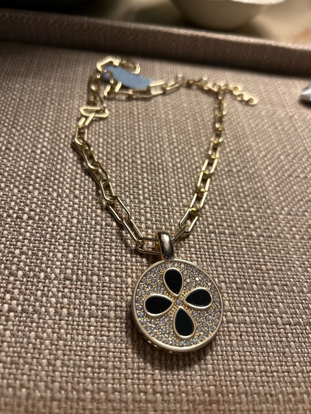 Gold-Tone Black Enamel & Pave Disc Pendant Necklace